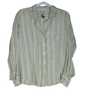 Chicos Blouse Womens Size 2 Green Stripe 100% Linen Long Sleeve Collared